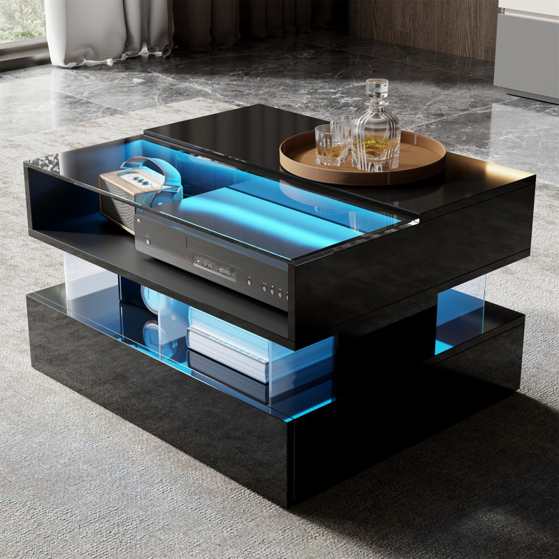 Table basse ultrabrillante avec éclairage à DEL, plateau en verre trempé et tiroir de rangement - Table d'appoint polyvalente