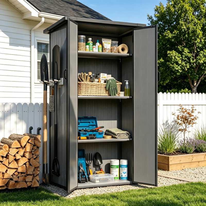 Armoire de rangement extérieure verticale en résine 70 po H avec tablettes réglables, armoire de rangement verrouillable et imperméable pour outils de jardin