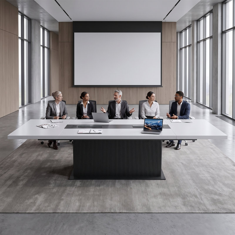 Table de conférence de direction, table de conférence de bureau avec deux prises de courant intégrées, ports USB-A et USB-C, gestion des câbles, table de salle de conférence.