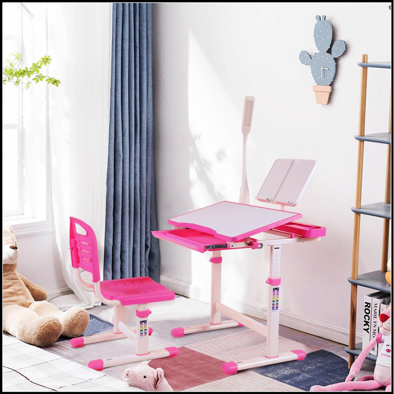 Ensemble de bureau et de chaise à hauteur réglable pour enfants avec bureau inclinable à 40 degrés, lumière DEL et bibliothèque pour l'art et l'apprentissage