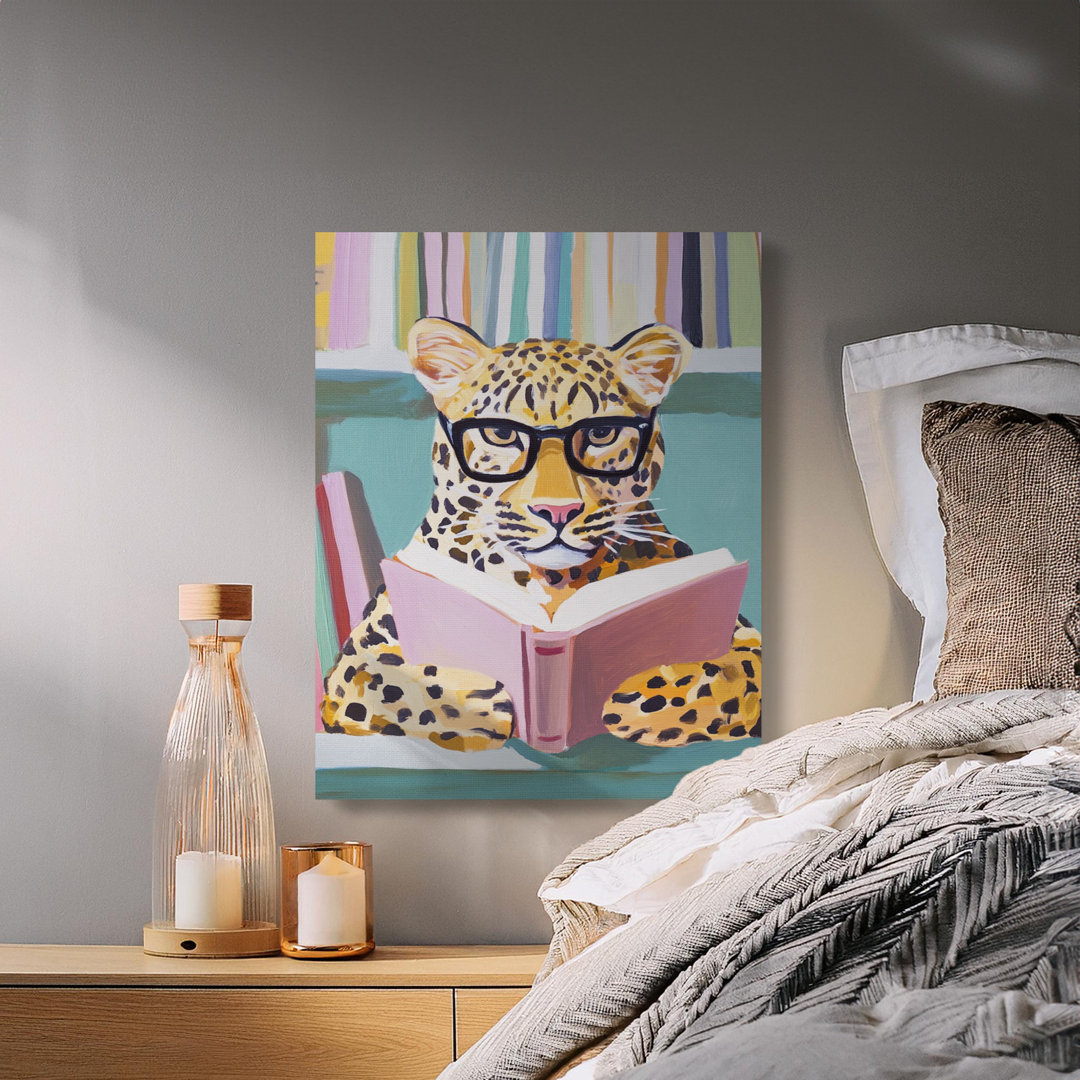 Leopard Reading Book Canvas Wall Art, Quirky Animal with Glasses Print, Modern Home Decor, Gallery Wrapped, Archival Quality, Ready to Hang
