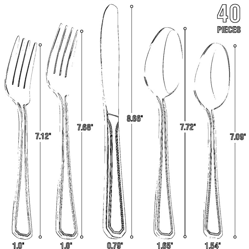 Ensemble de couverts FINO 40 pièces pour 8 couverts en acier inoxydable 18/10 avec couteaux, fourchettes, cuillères et fourchettes à salade, va au lave-vaisselle, finition polie miroir