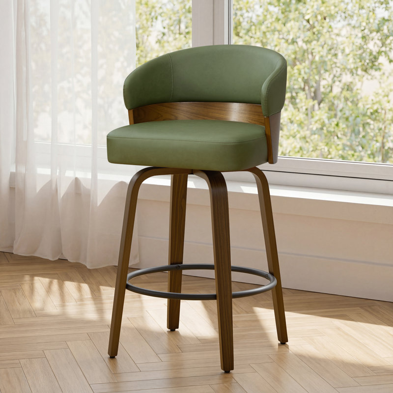 Mid-Century Modern Walnut Bentwood Swivel Bar Stool With Thick Cushioned Seat & 350 Lbs Capacity, Green
