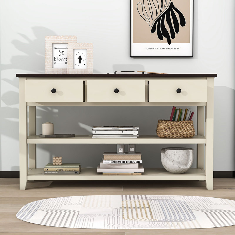 Console Exton Mid-Century avec tiroirs de rangement et tablettes ouvertes, Espresso / beige