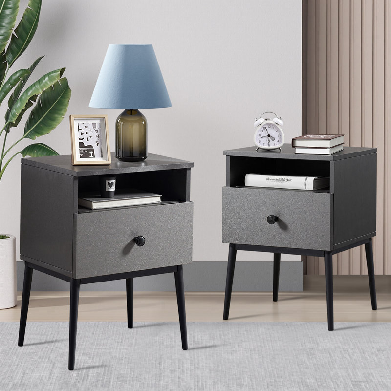 Ensemble de 2 tables de chevet grises avec tiroir et tablette ouverte, petites tables de chevet / tables d'appoint étroites pour chambre à coucher, salon, dortoir, appartement, entrée, bureau, tables de bout modernes avec rangement pour petits espaces