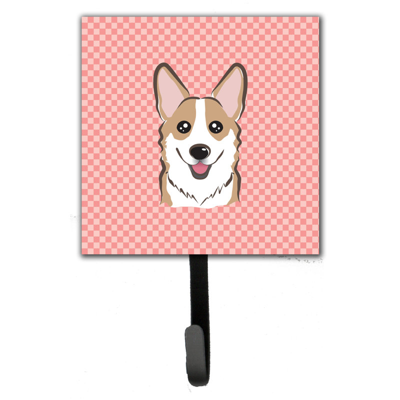 Porte-laisse à carreaux et crochet mural Corgi, Rose, brun clair, blanc