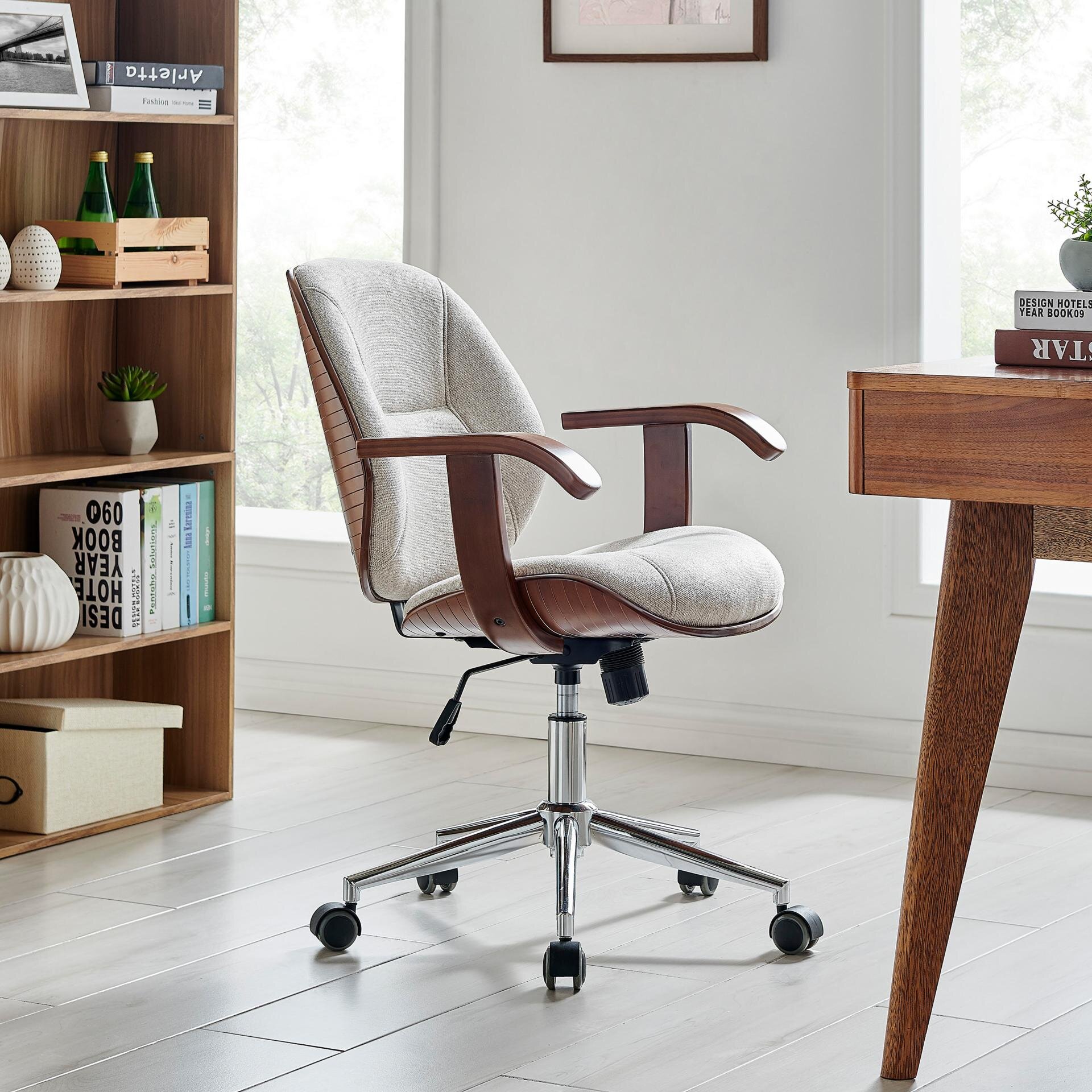 Renwick Adjustable Swivel Velvet Desk Chair for Home Office, Ivory