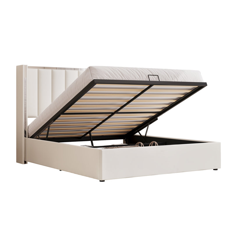 Modern Upholstered Storage Bed With Hydraulic Lift-Up Storage, Kingsize (5'), White