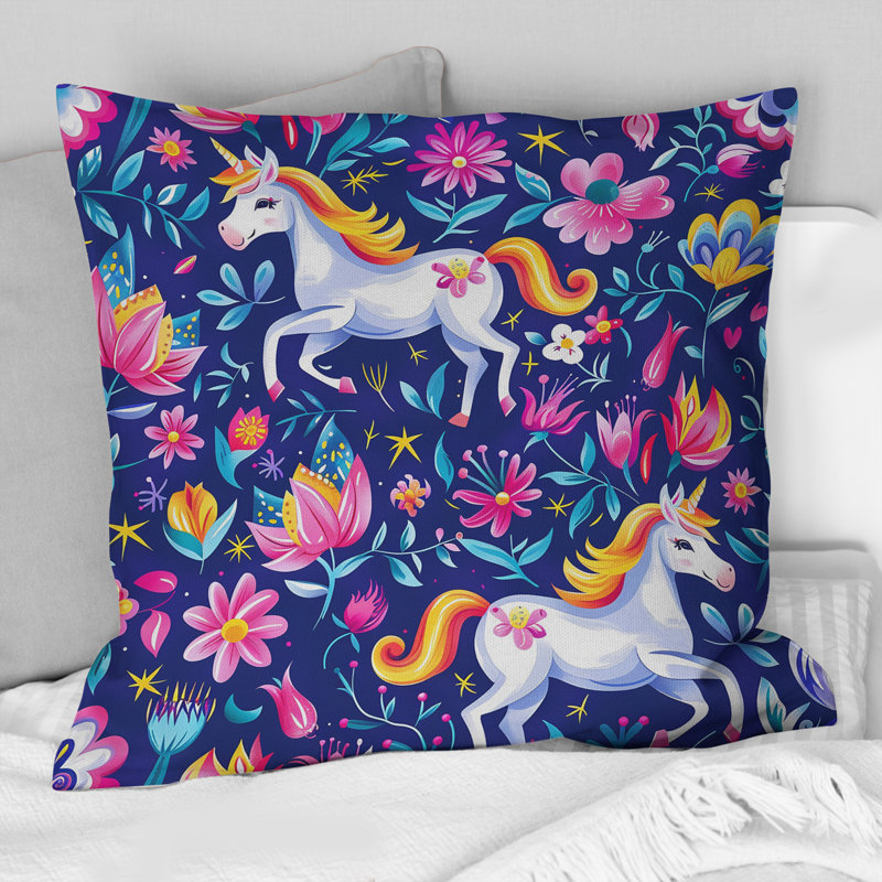 Motif de licorne rose et jaune pour enfants - Coussin décoratif pour enfants, H 18 po x l 18 po