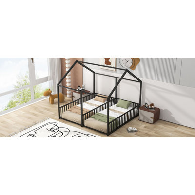 Durable Metal Twin Size House Platform Beds, Two Shared Beds for Space-Saving and Stylish Sleeping Solution in Black by Harper Orchard