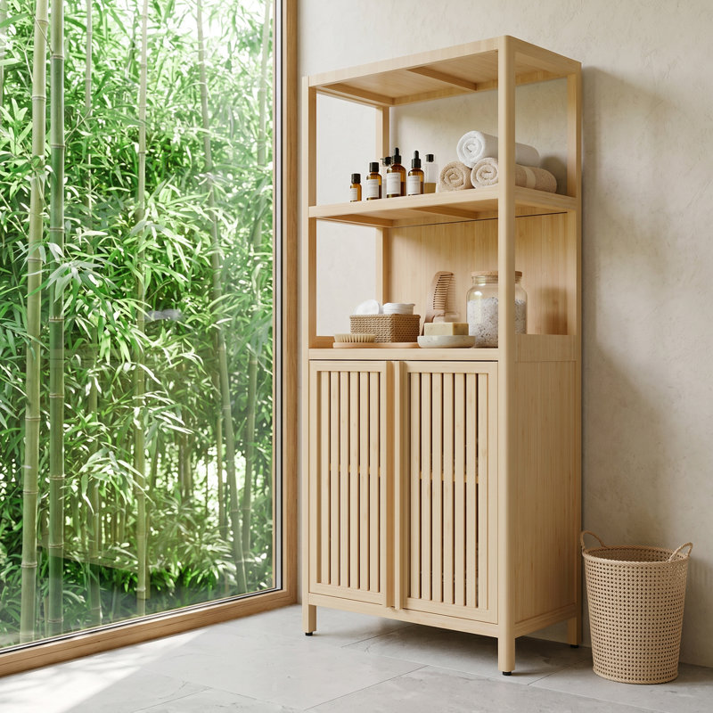 Bamboo Storage Cabinet, Separate Bathroom Cabinet With 2 Doors, Natural