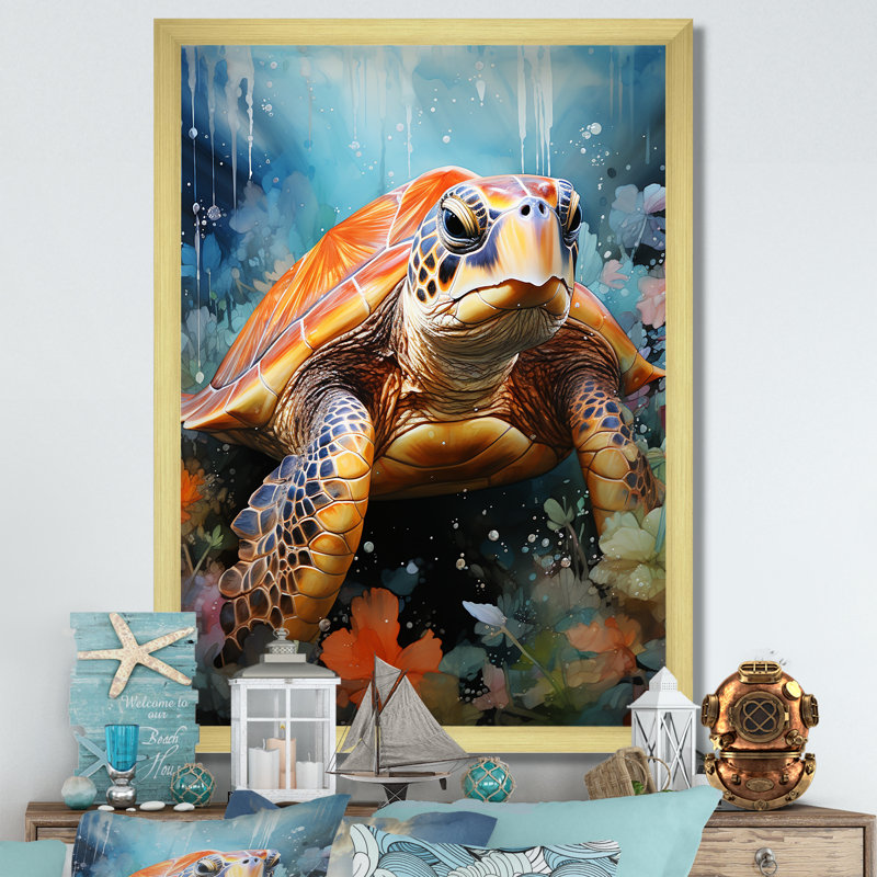 Décoration murale abstraite représentant une harmonie de tortues - Tortue, H 20 po x l 12 po, Cadre doré simple