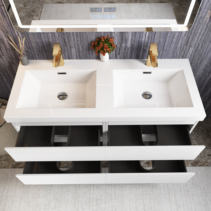 48 po Meuble-lavabo mural double avec plateau en résine blanche, Blanc / Blanc