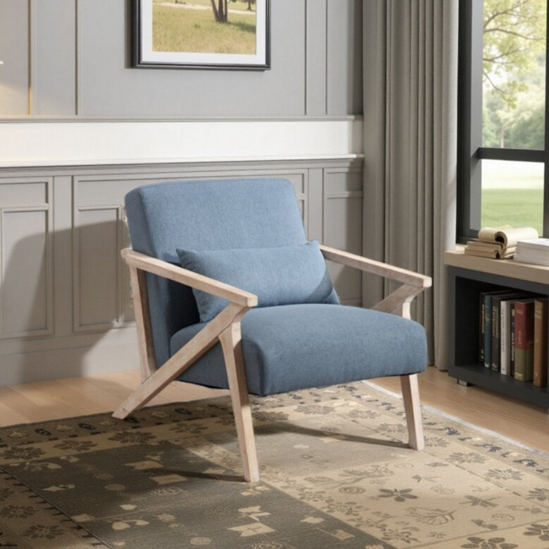 Fauteuil d'appoint rembourré moderne en lin de 26,8 po de largeur avec structure en bois et un coussin
