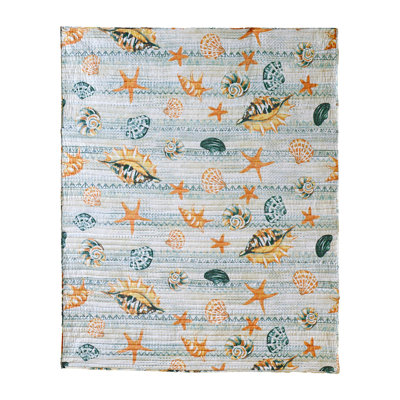 Benjara Carie Throw Blanket, Coastal Seashell Print, Blue and Orange Cotton Microfiber