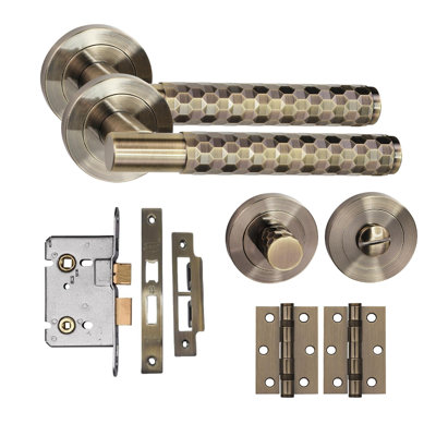 Golden Grace Knurled Hex Cut T-Bar Bathroom Door Handle Set with Matching Key Hole Escutcheon
