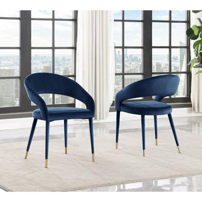 Modern Velvet Dining Chair Set of 2, Wooden Legs with Gold Accent Tips, Navy