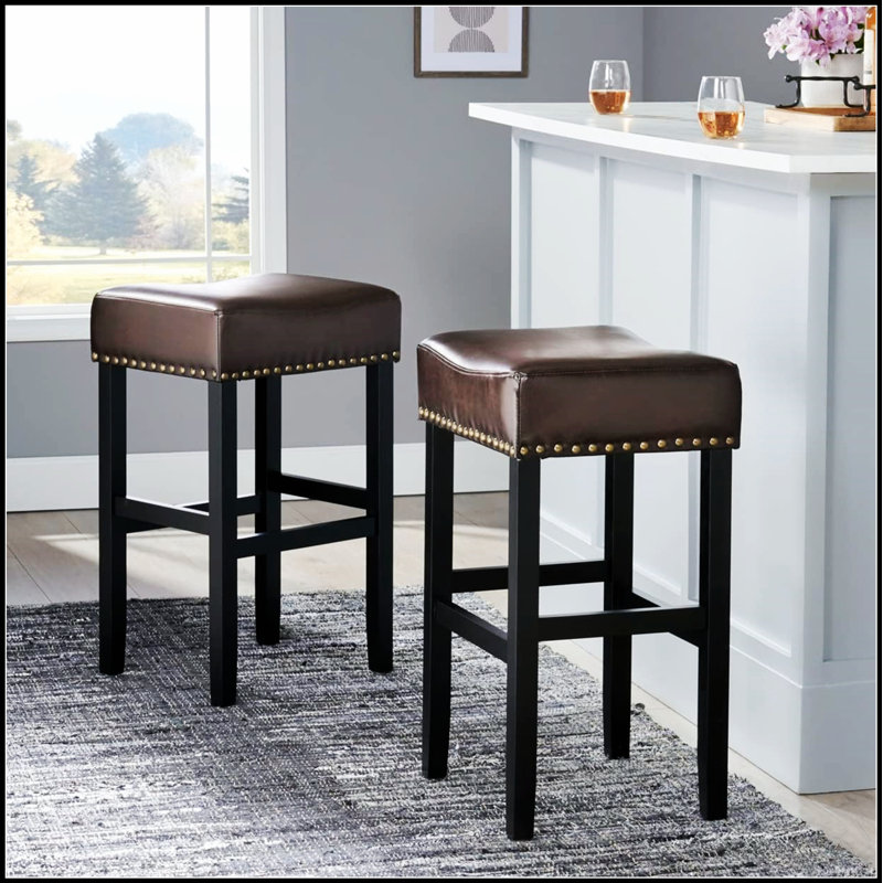 Tabouret de comptoir de 30 pouces en cuir brun sans dossier (ensemble de 2) avec têtes de clou chromées et coussins rembourrés pour plus de confort et de style