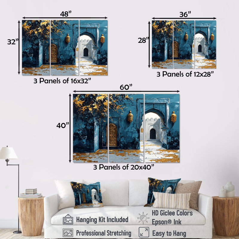 Porte marocaine marocaine bleue et dorée Rabat, ensemble de décoration murale, Toile tendue, H 28 po x l 36 po x P 1 po