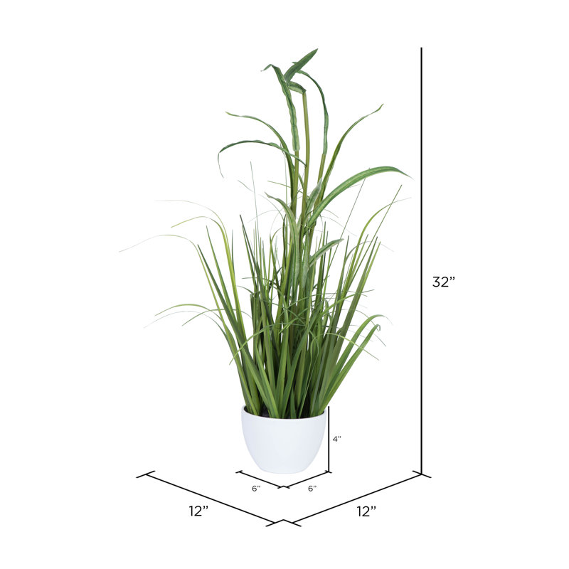 Bambou artificiel en pot et herbe, H 32 po x l 12 po x P 12 po