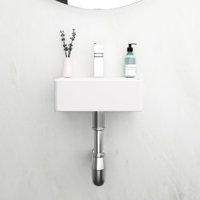 Lavabo de salle de bain mural rectangulaire en céramique blanche 13,6 x 11,6 pouces, teint, faible absorption d'eau, style flottant, accessoires de montage avec lavabo simple, surface lisse acide, moderne