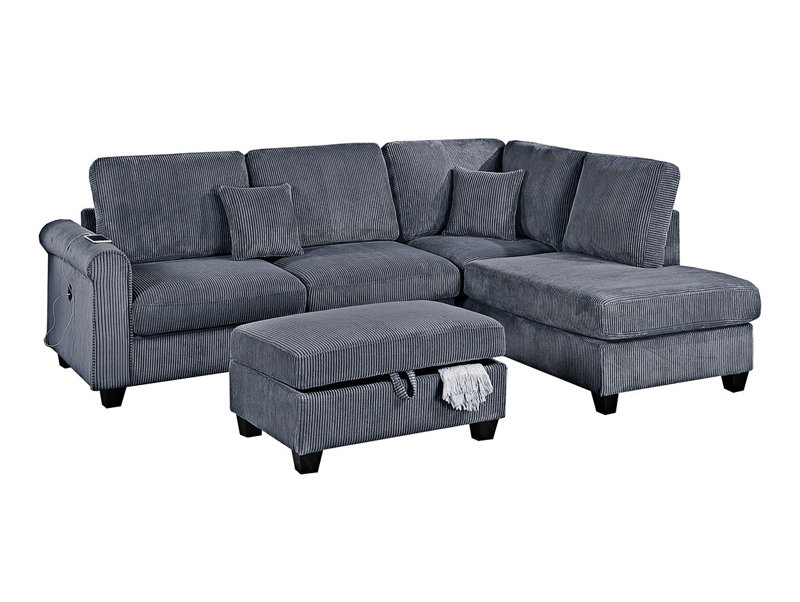 Contemporary 3Pc Sectional Set Corduroy Couch LAF Sofa RAF Chaise Ottoman L-Sectional, Dark Gray Corduroy