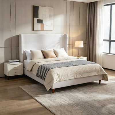 Harper Tall Headboard Upholstered Bed with High Headboard, Elegant Simplicity, No Box Spring Needed, Easy Assembly, Textured Ivory Canvas