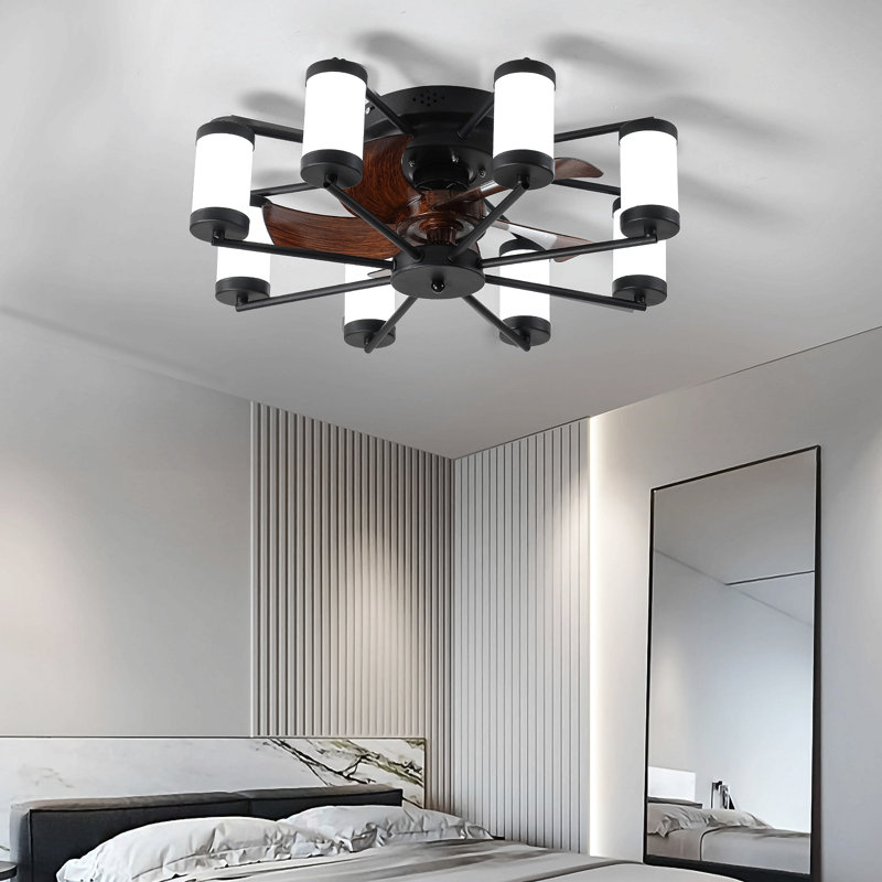 21.7 Inch Ceiling Fan Light - Windmill-Shaped Flush Mount Ceiling Fan With Light With Remote Control And Timer, Black White