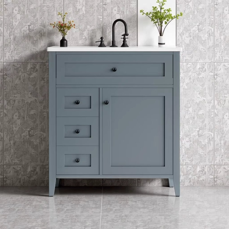 Meuble-lavabo de 30 po avec lavabo, meuble-lavabo moderne en bois d'hévéa avec 3 tiroirs et tablette réglable, rangement autoportant pour salle de bain