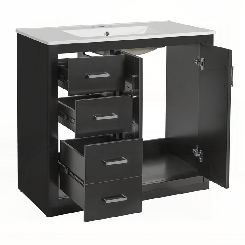 Meuble-lavabo 36 po avec lavabo en céramique, Noir, Argent argent