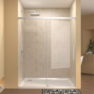 Porte de douche coulissante simple de 48 po de largeur x 72 po de hauteur, verre fixe de 5 mm et verre coulissant de 6 mm sans cadre, verre trempé transparent, poignée en acier inoxydable
