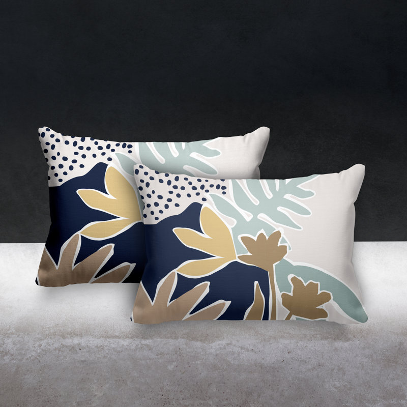 Floral Outdoor Reversible Throw Pillow, Gray/Navy/Beige
