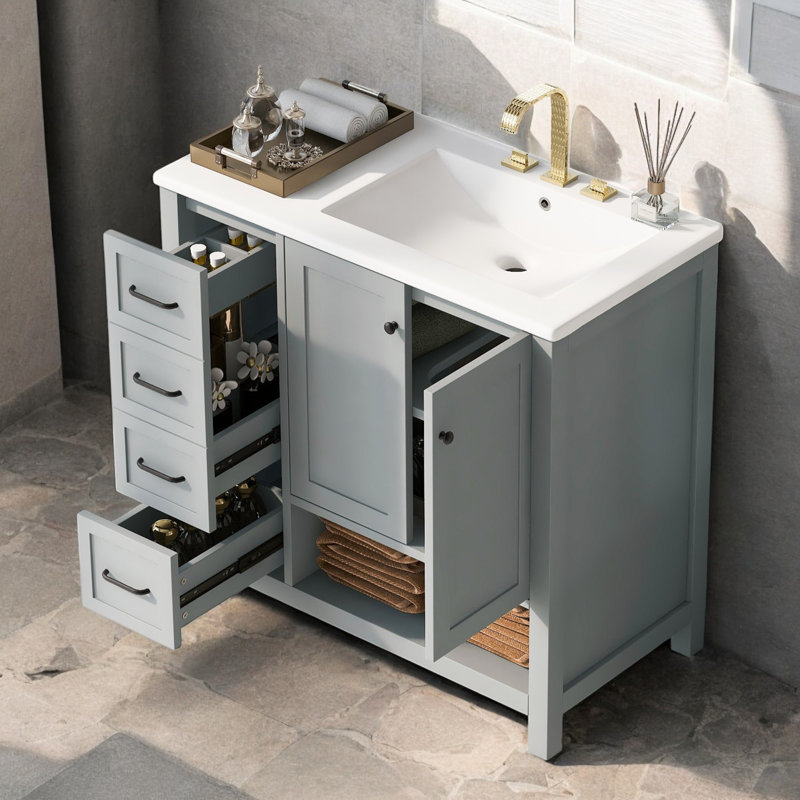 Meuble-lavabo simple 36 po avec comptoir en céramique, assemblage requis, Gris