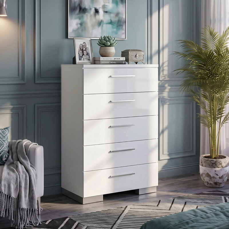 Alei 5-Drawer High-Gloss Chest with Chrome Accents, White