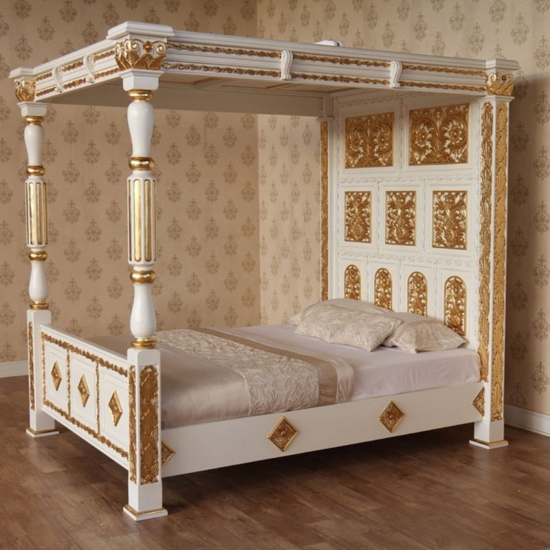 Solid Wood Bed, Kingsize (5'), White & Gold