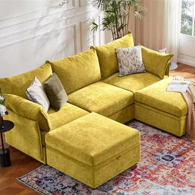 102'' Wide Reversible Modern Modular Sectional Sofa With Storage Ottoman -Premium Chenille Fabric-Yellow