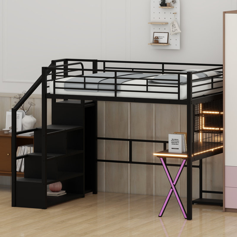 Cadre de lit mezzanine avec bureau intégré, armoire, rangement dans l'escalier et éclairage DEL