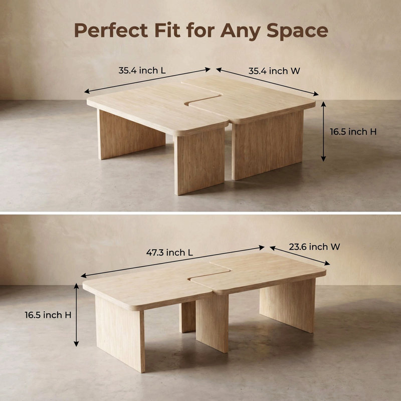 Ensemble de 2 tables basses modulaires en travertin, ensemble de tables gigognes en forme de L, table d'angle séparable pour petits espaces et salon, beige crème