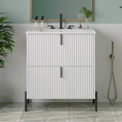 30" Bathroom Vanity With Ceramic Sink, Freestanding, Vertical Pulls + Full-Extension Drawers, Soft Close Drawer Slides