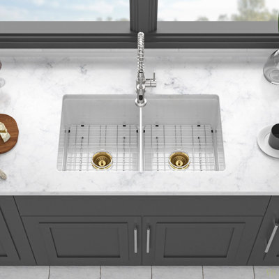 32" Undermount Double Bowl Porcelain Ceramic Kitchen Sink - Dual Mount Ceramic Rectangular Deep Double Bowl Sink Basin