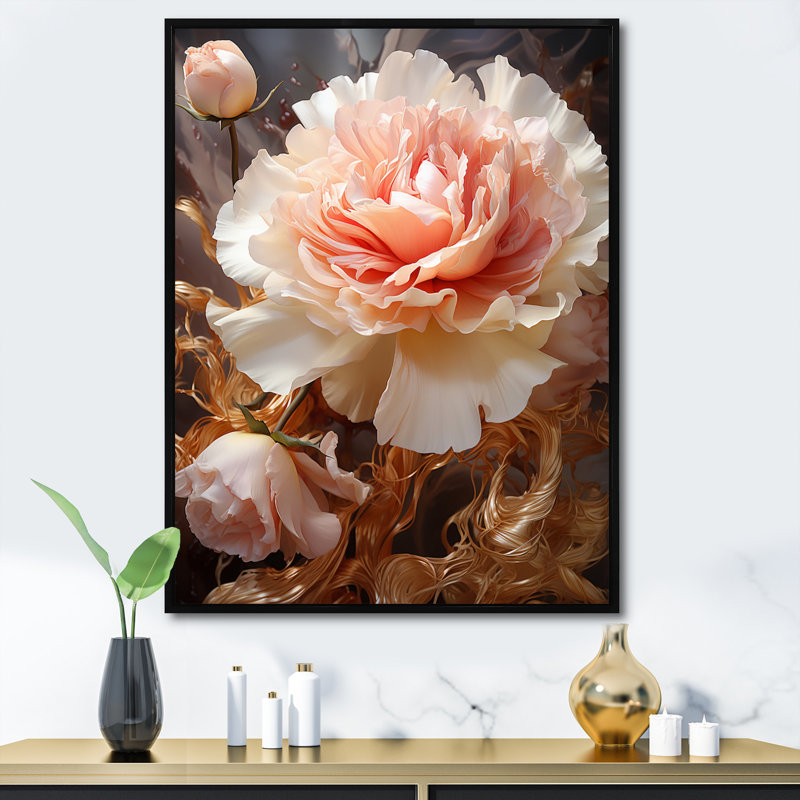«Tender White» et rose clair, art floral I - impression, 32" H x 24" W, Cadre flottant noir