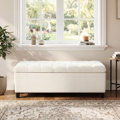 Banc avec rangement, finition blanche bouclée, pieds en bois d'hévéa, capacité de 300 lb, capitonnage à boutons, charnières à fermeture en douceur, banc de rangement décoratif pour espaces de vie, coutures en losange, foyer idéal