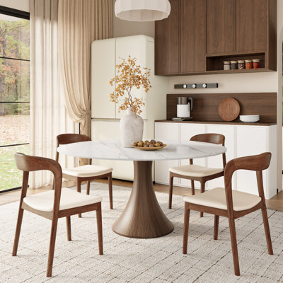 Stone Round Dining Table Set With 2/4/6 Premium Solid Wood Leather Dining Chairs