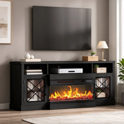 Meuble télé 65 po pour téléviseur de 70 po ou moins, console multimédia moderne avec foyer électrique panoramique à 3 côtés de 30 po, centre de divertissement à DEL avec prise de courant et tiroirs de rangement, noir classique
