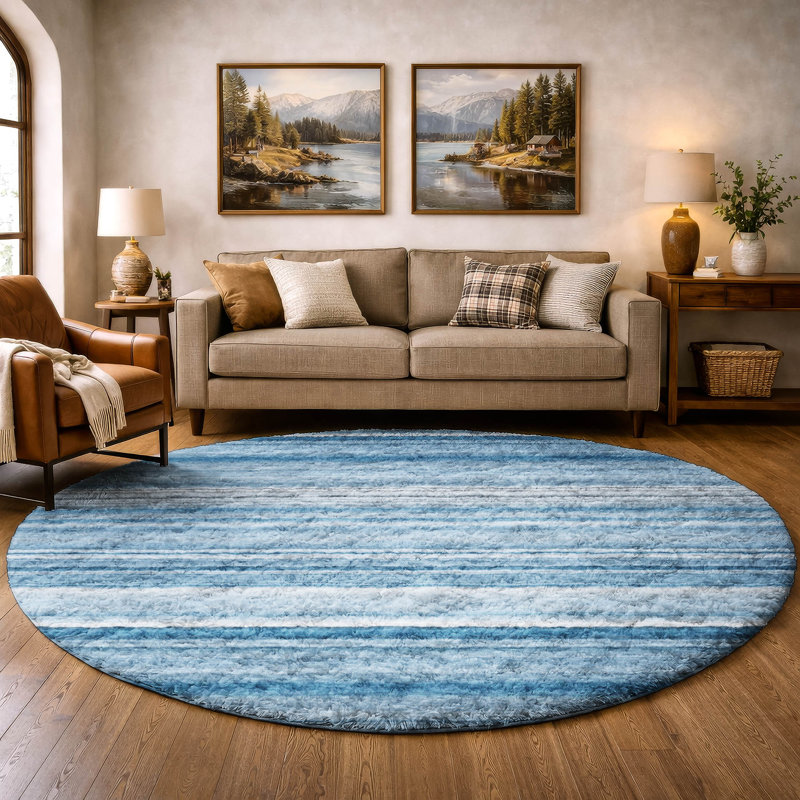 Premium Machine Washable Dream Shag ADS529 Striped Rug, Blue, 8' Round