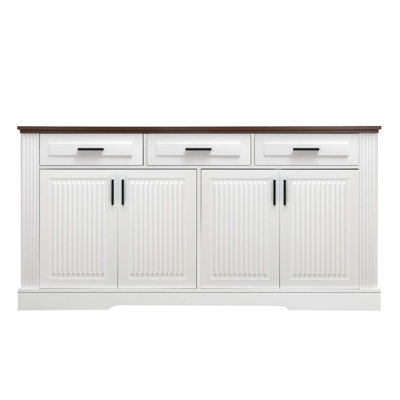 63" Fluted Sideboard Buffet Cabinet With Storage, Coffee Bar Station With 4 Doors And 3 Drawers, Kitchen Storage Console Table For Living Room Dining Room Entryway, White