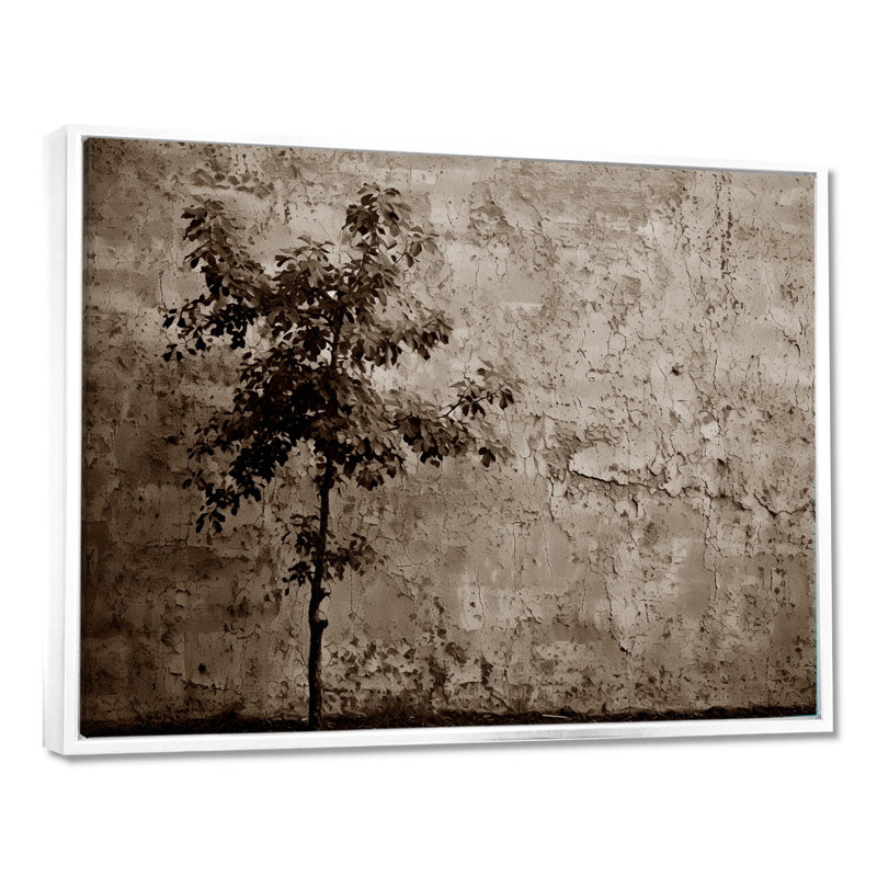 Arbre simple devant un mur - salon d'art mural arbre monochrome, Toile encadrée flottée blanche, H 12 po x l 20 po x P 1 po