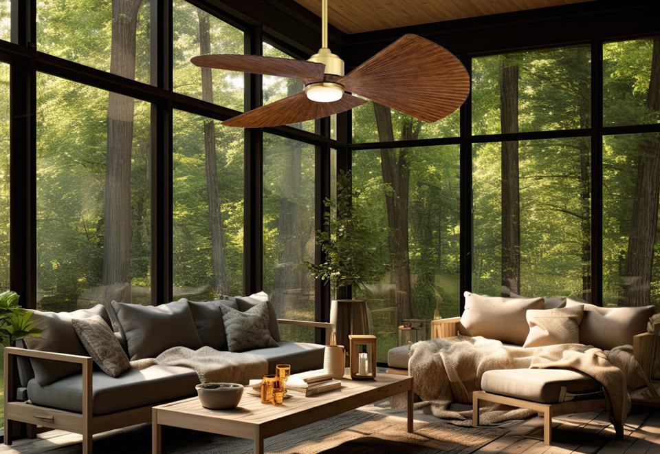 Modern ceiling fan with dark wood grain blades and integrated light fixture, installed in a sunroom with floor-to-ceiling windows overlooking a forest.