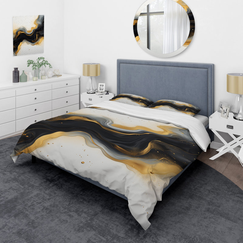 Ensemble de housse de couette en marbre doré et noir Essence IV - Abstract Marble