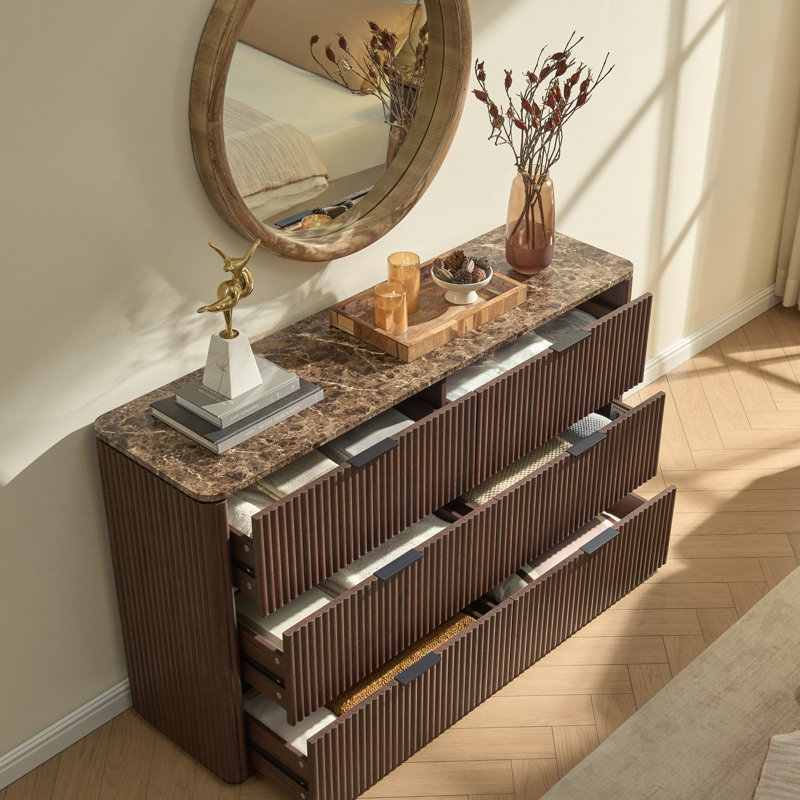 54.5" W Fluted 6-drawer Dresser, Thick Fluted Wood Chest with Faux Marble Top and Sturdy Base, Brown Oak